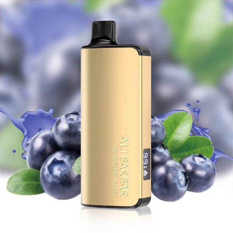 An Alibarbar vape with a vibrant blue and icy design next to fresh blueberries.